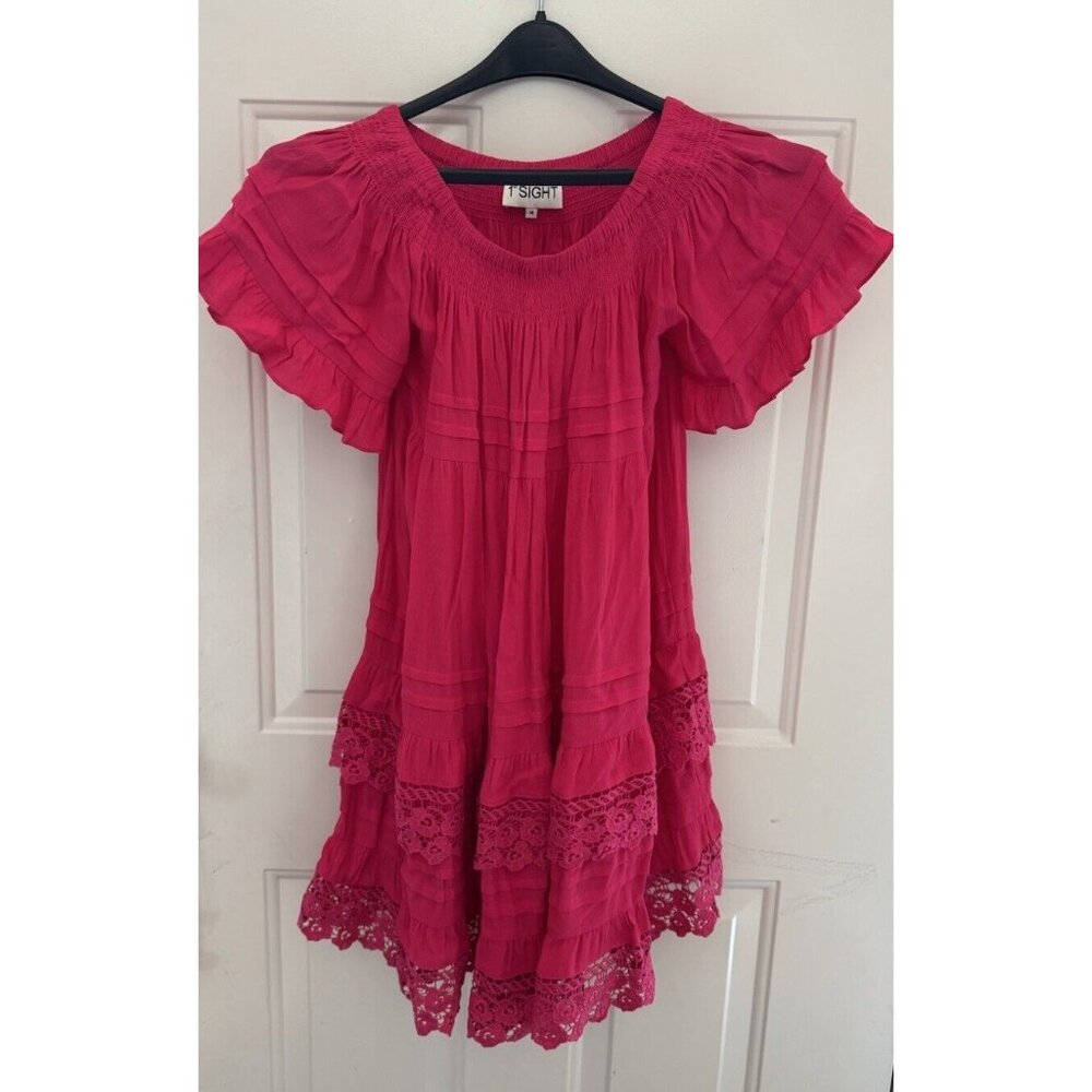 1st Sight Pink Ruffled dress Boho Sheik Short Sleeve